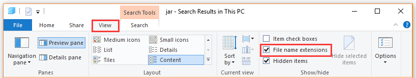 check the box for File name extensions