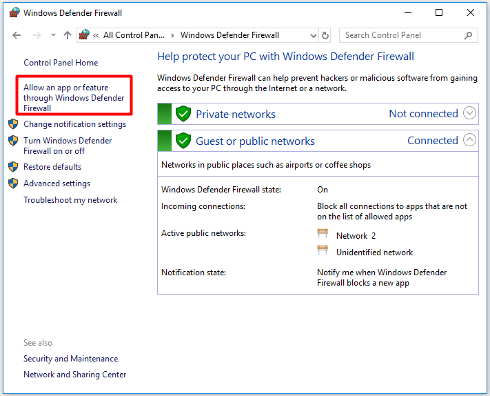 Allow an app or feature through Windows Defender Firewall