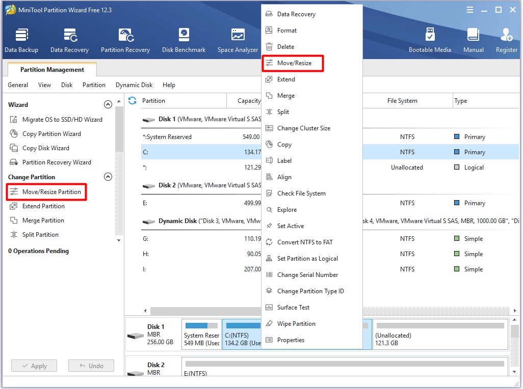 click on move or resize partition option