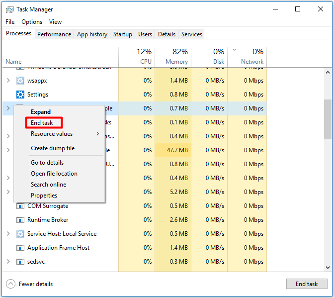 click on the end task option