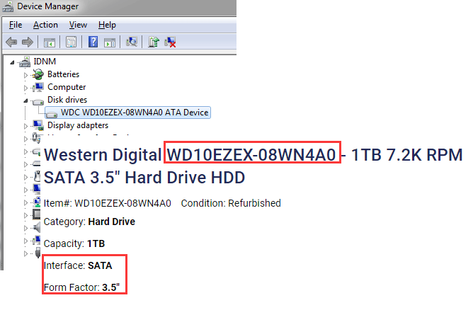 find the model of the drive in Device Manager