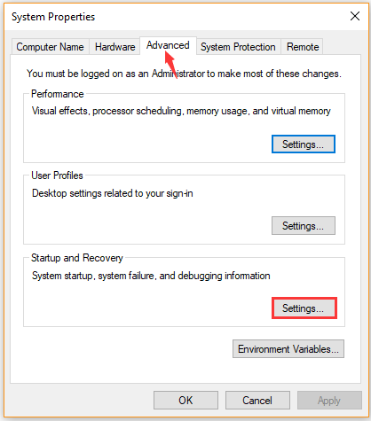 click on Settings under Startup and Recovery