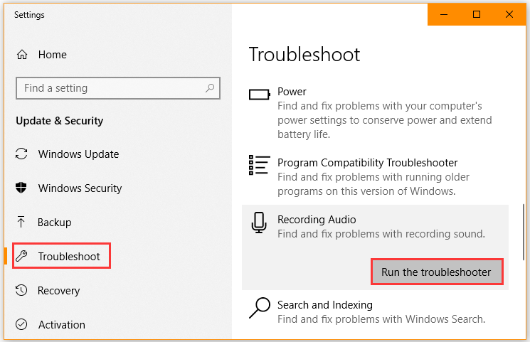 run the Recording Audio troubleshooter