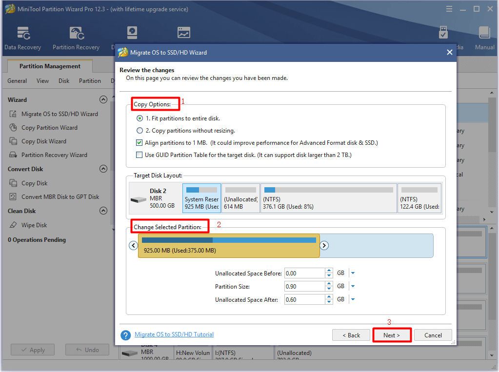 configure copy options and change selected partition