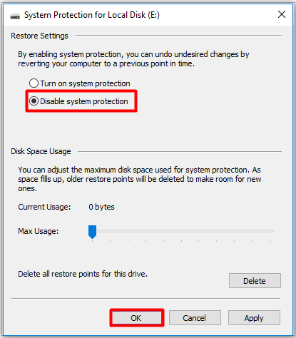 Disable system protection