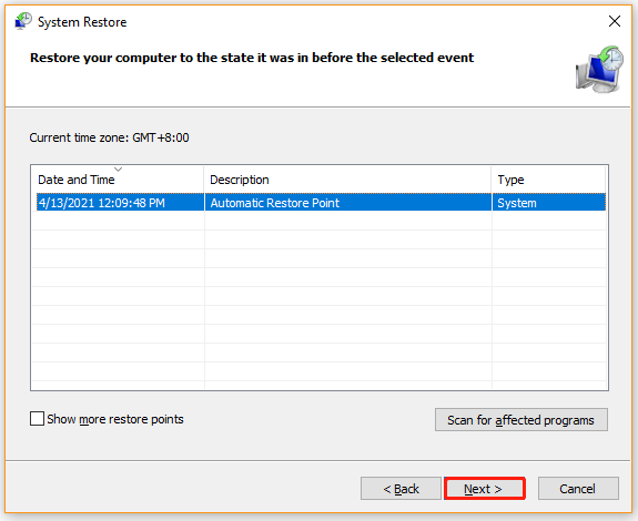 select a system restore point
