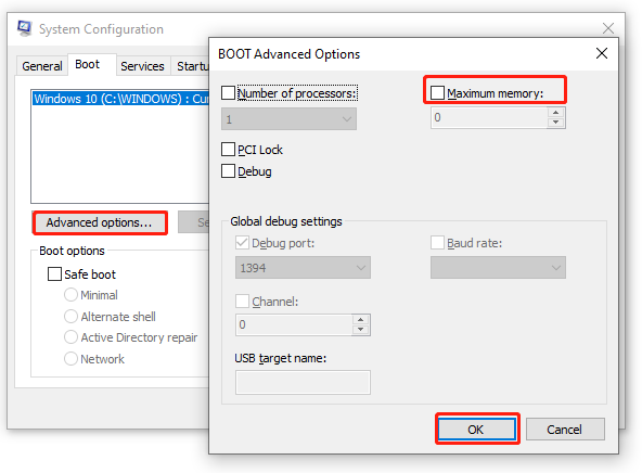 then process of unchecking Maximum memory