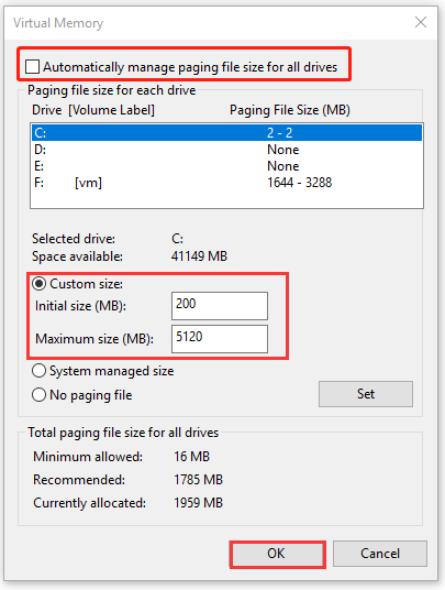 change the paging file size
