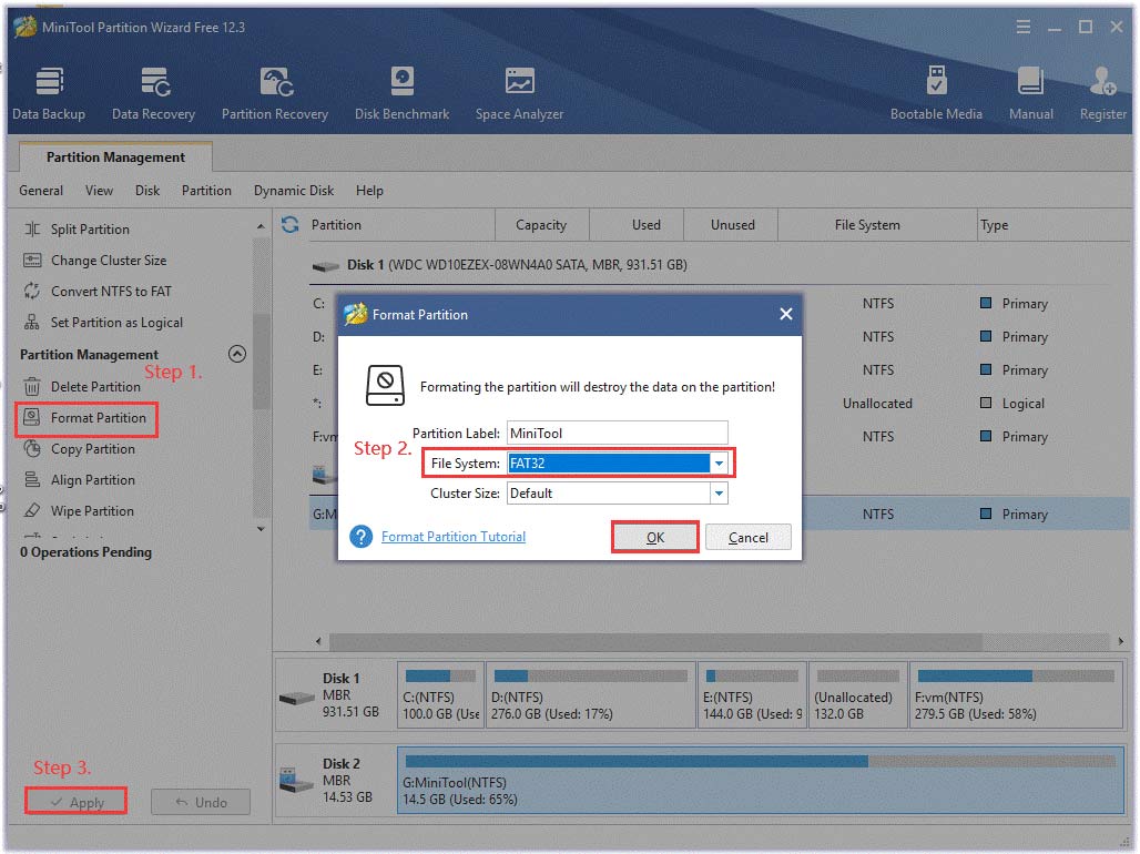 the process of formatting USB using MiniTool