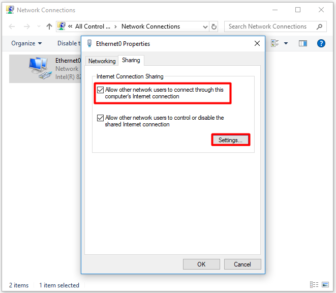 Allow other network users to connect through this computer’s Internet connection