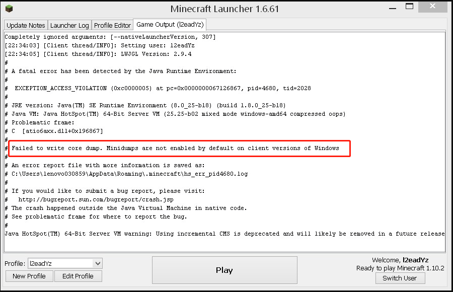 Minecraft failed to write core dump Windows 10