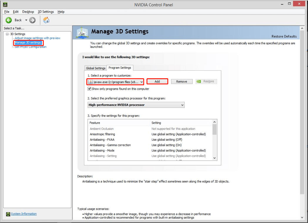 add javaw exe file to NVidia Control Panel