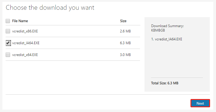 select a correct vcredist exe version