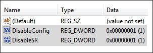 the values: DisableConfig and DisableSR