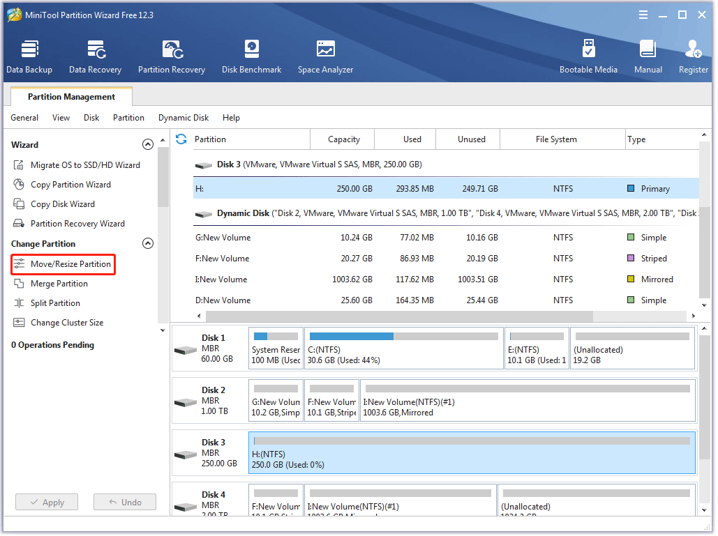 choose the Move/Resize Partition feature