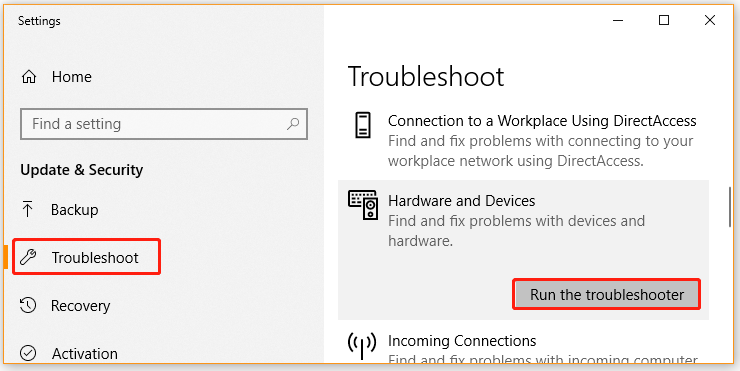 run Hardware and Devices troubleshooter
