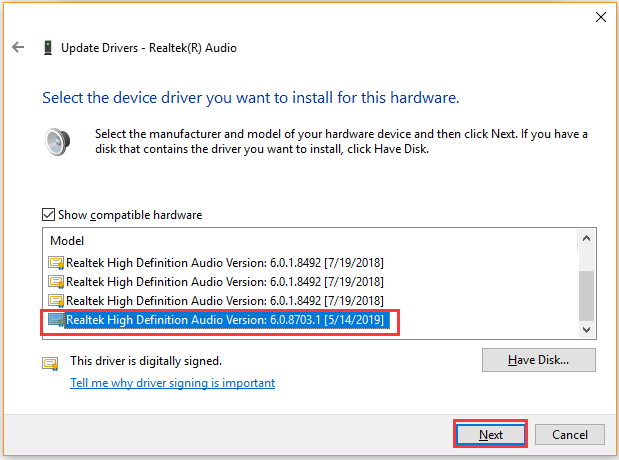 tick the checkbox for Show compatible hardware