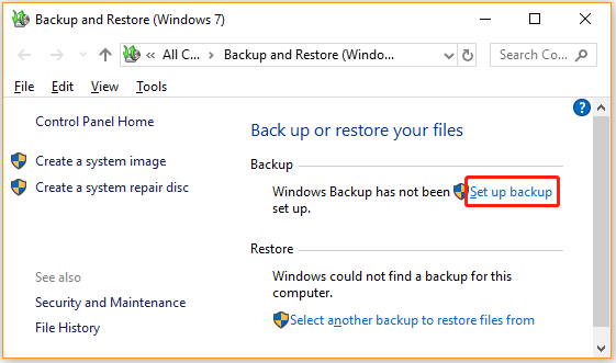 click on Set up backup