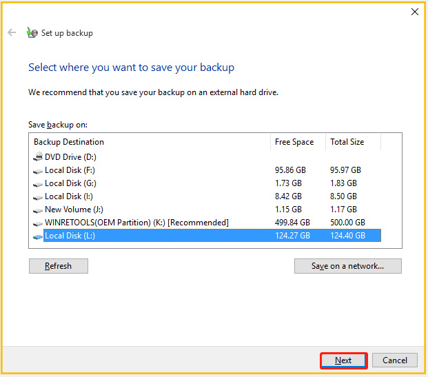 change the backup drive in Set up backup window