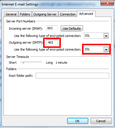 change SMTP port to 465 in Outlook