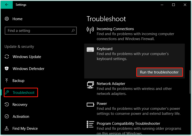 run Windows troubleshooter for keyboard