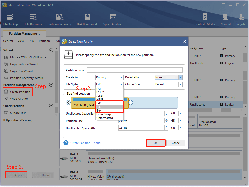 create an Ext4 partition via MiniTool Partition Wizard