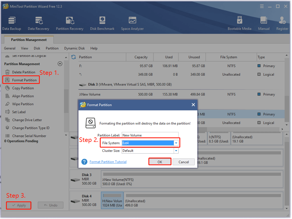 format a drive to Ext4 using MiniTool Partition Wizard