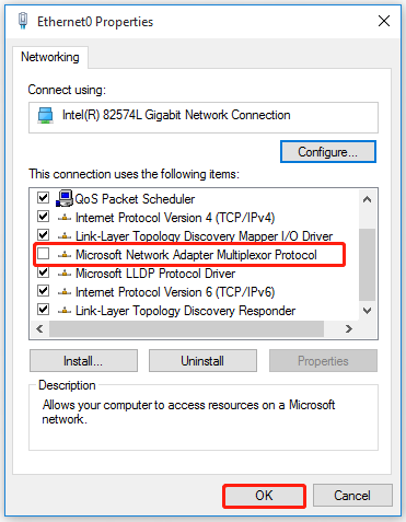 disable Microsoft Network Adapter Multiplexor Protocol