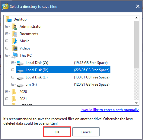 Select a directory to save the needed files on MiniTool