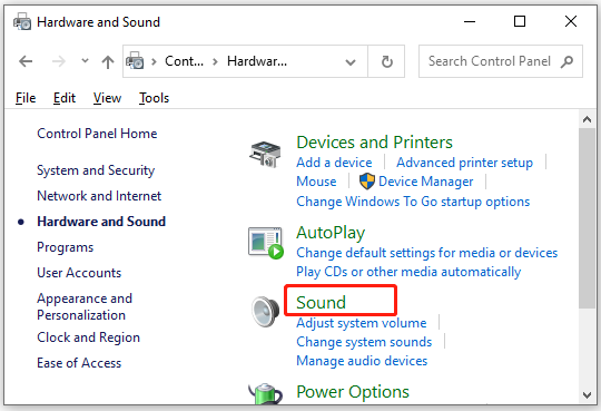 select Sound on Control Panel