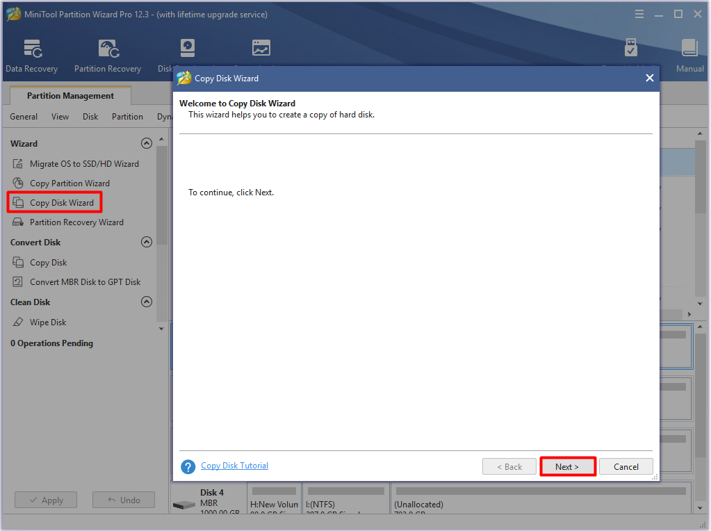 click Copy Disk Wizard and next