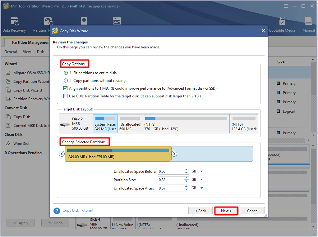 choose copy options and change selected partition