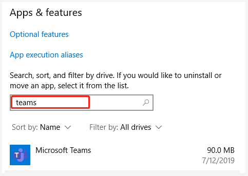 uninstall Microsoft Teams from Settings