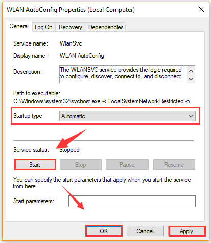 change the Startup Type of WLAN AutoConfig to automatic