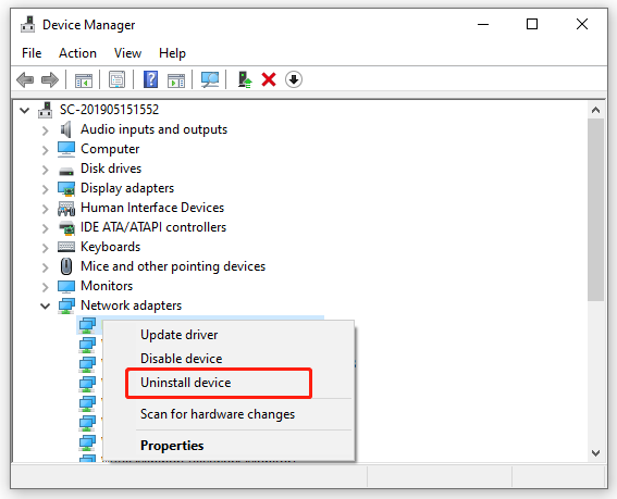 uninstall network adapter driver