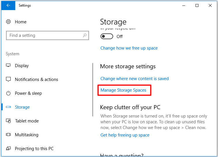 click Manage Storage Spaces
