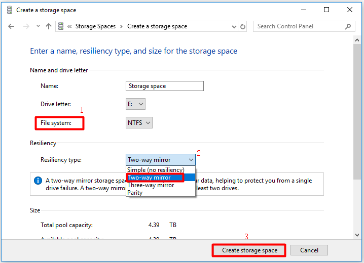 configure settings and click Create storage space
