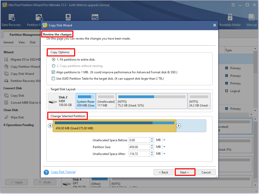 change selected partition
