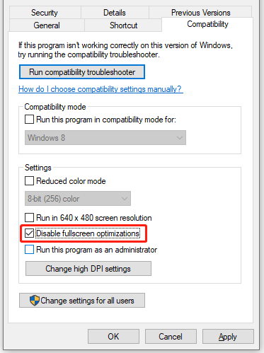 disable fullscreen optimizations