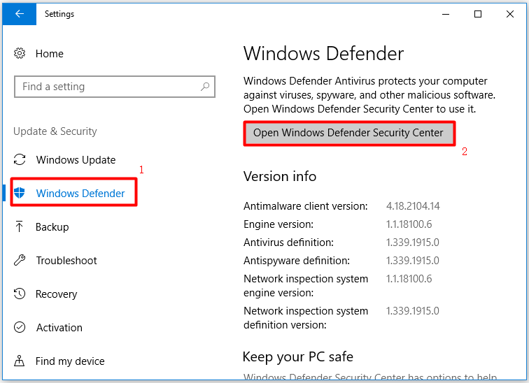click Open Windows Defender Security Center