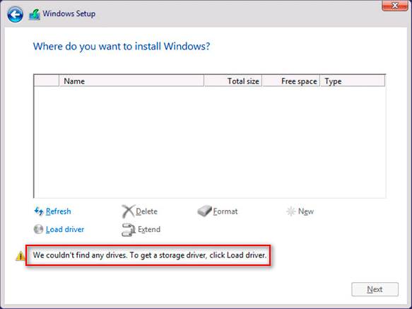 couldn't find any drives when installing windows