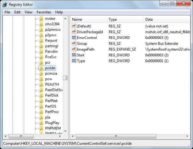 Set start value of pciide to 0 in regedit