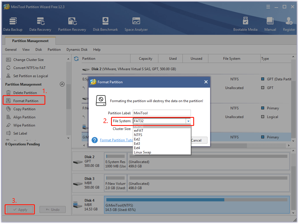format SD card to FAT32 using MIniTool Partition Wizard