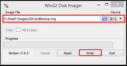 write Raspbian to SD card using Win32 Disk Imager