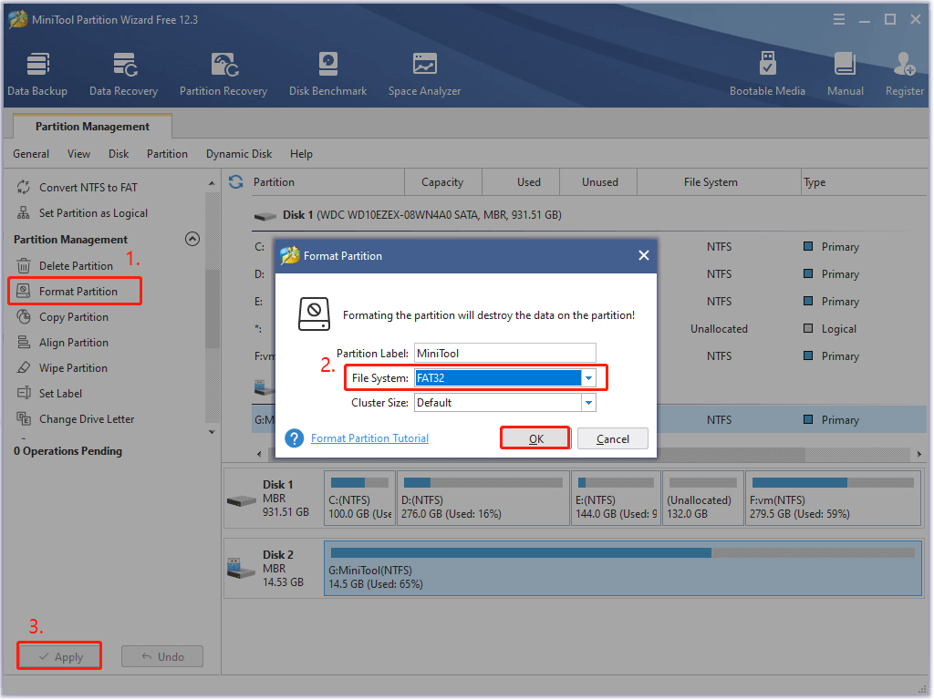 format a USB drive using MiniTool Partition Wizard