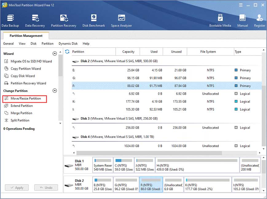 choose move/resize partition