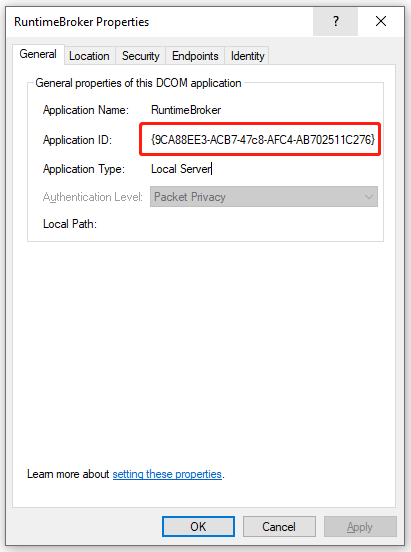 check the Application ID of RuntimeBroker