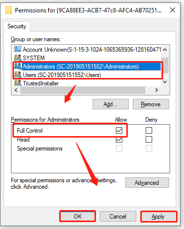 grant Full control for Administrator