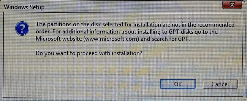 the partitions on the disk selected for installation are not in the recommended order