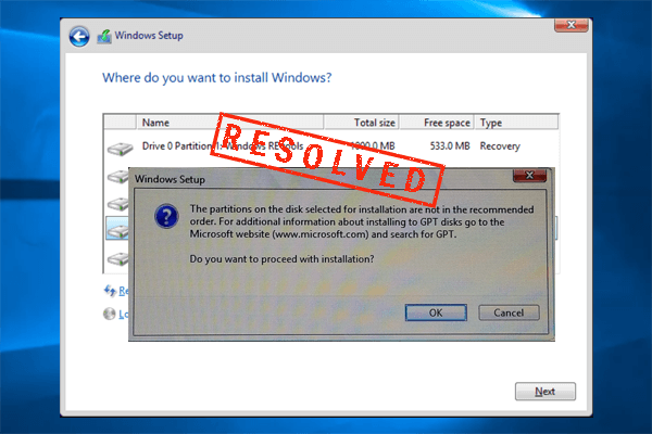 the partitions on the disk selected for installation are not in the recommended order
